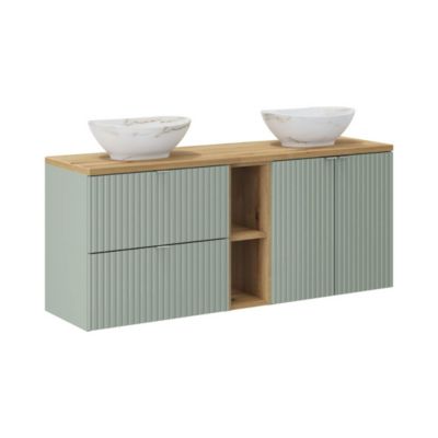 Ensemble ELVINA 140cm : meubles sous vasque avec niches visibles à tiroirs et placards et plan pour vasque et deux vasque à poser