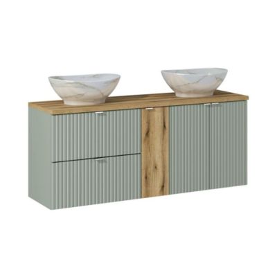 Ensemble ELVINA 140cm : meubles sous vasque à tiroirs et placards et plan pour vasque et deux vasque à poser marbrée