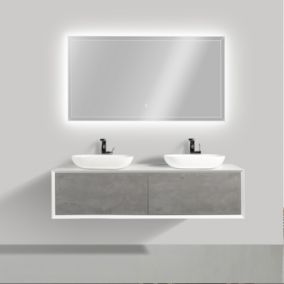 Ensemble en bois MDF Fiona 1600 blanc mat, Façade aspect béton, Miroir LED 2073, Sans cache ni vasque