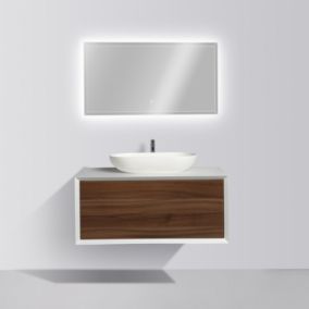 Ensemble Fiona 900 blanc mat, façade noyer foncé, Avec miroir LED 2073 et 1 vasque O-540 mat, Sans cache