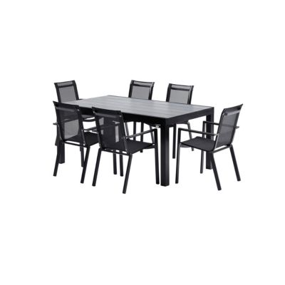 Ensemble HPL 6/10p en aluminium noir et plateau en HPL gris avec 6 fauteuils en textilène