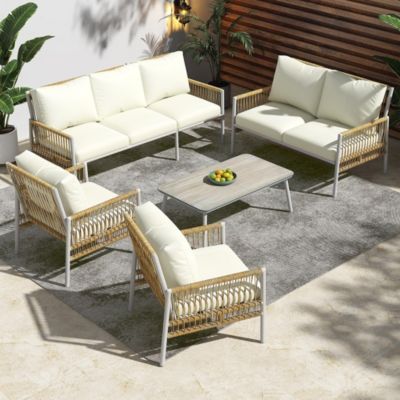 Ensemble Jardin 7 Sièges Table Verre Rotin Acier Beige Blackcolors