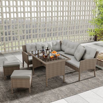Ensemble Jardin Résine Tressée 7 Personnes Table Tabouret Kaki Blackcolors
