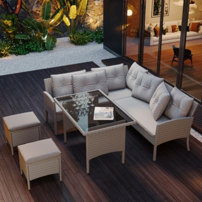 Ensemble Jardin Résine Tressée 7 Personnes Table Tabouret Kaki Blackcolors
