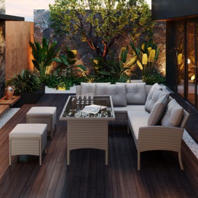 Ensemble Jardin Résine Tressée 7 Personnes Table Tabouret Kaki Blackcolors