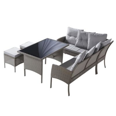 Ensemble Jardin Résine Tressée 7 Personnes Table Tabouret Kaki Blackcolors