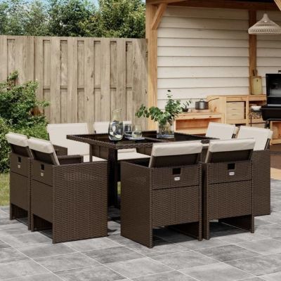 Ensemble jardin vidaXL 9 pièces poly rotin marron verre trempé