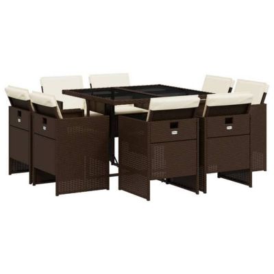 Ensemble jardin vidaXL 9 pièces poly rotin marron verre trempé