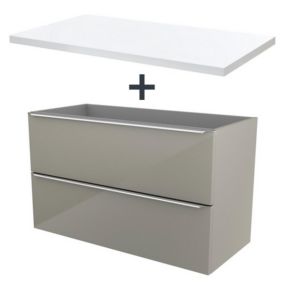 Ensemble l.100 cm meuble sous vasque Imandra taupe à suspendre + plan de toilette Marloes aggloméré blanc brillant
