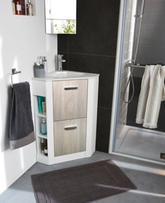 Ensemble l.46 cm Waneta meuble sous vasque d'angle blanc façade bois à poser + plan vasque d'angle céramique blanc
