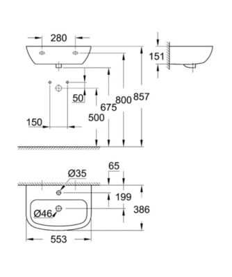 Ensemble lavabo suspendu en porcelaine vitrifiée 55.3x38.6cm + Bonde clic-clac + Siphon de lavabo (39440000-SET)