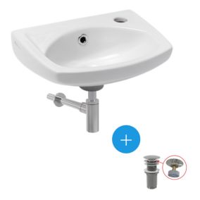 Ensemble lave-main suspendu avec trou pour robinetterie, trop plein, 35x28cm + Bonde clic-clac + Siphon de lavabo (EUR913-SET2)