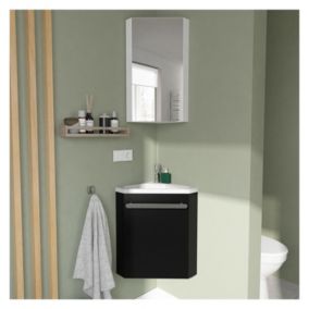 Ensemble lave-mains d'angle SKINO noir + vasque + robinet + miroir