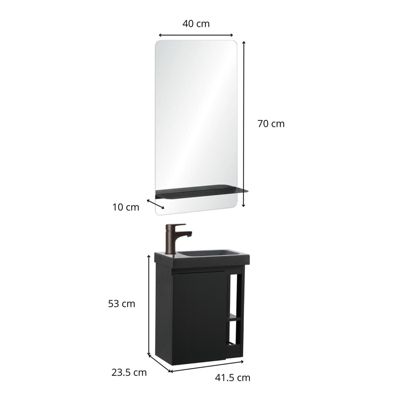 Ensemble lave-mains HAMPTON avec rangement latéral et miroir tablette noire