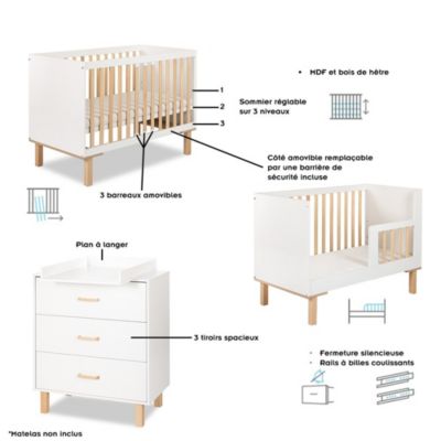Ensemble Lit Bébé 120x60 + Commode Blanc + Plan à Langer Commode ...