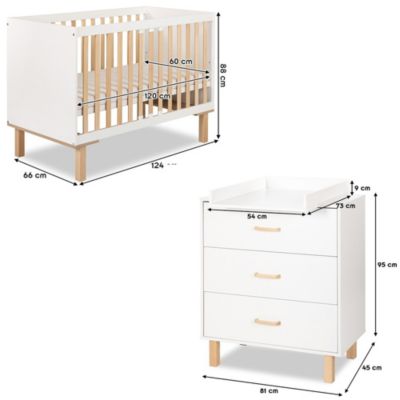 Ensemble Lit Bébé 120x60 + Commode Blanc + Plan à Langer Commode ...