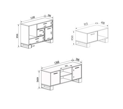 Ensemble Loft, buffet, table basse, meuble TV couleur Chêne rustique