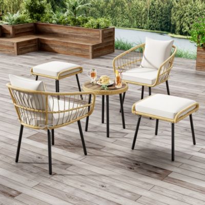 Ensemble lounge jardin 5 pièces, 1 table + 2 chaises + 2 tabourets, rotin naturel, mobilier extérieur, blanc