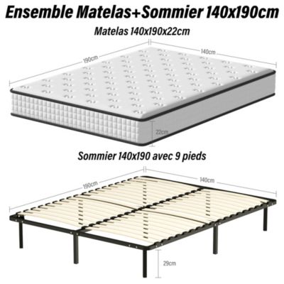 Ensemble Matelas en mousse + Sommier à Lattes 140x190cm, Epaisseur du Matelas 22cm