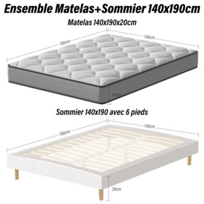 Ensemble Matelas à ressorts+ Lit Sommier Tapissier Déco 140x190cm, Epaisseur du Matelas 20cm