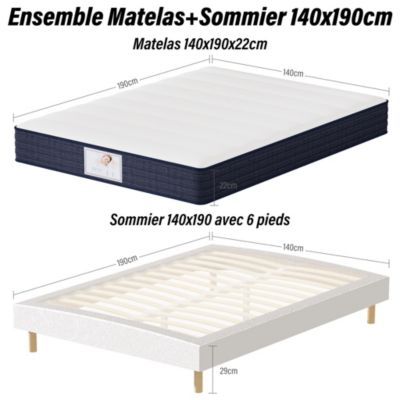 Ensemble Matelas à ressorts+ Lit Sommier Tapissier Déco 140x190cm, Epaisseur du Matelas 22cm