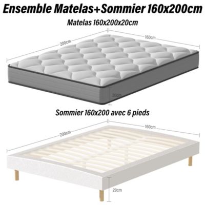 Ensemble Matelas à ressorts+ Lit Sommier Tapissier Déco 160x200cm, Epaisseur du Matelas 20cm