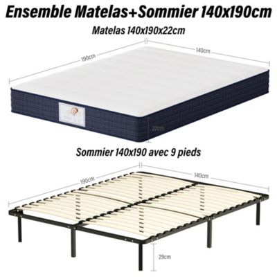Ensemble Matelas à ressorts +Sommier à Lattes sur Pieds, 140x190cm, Epaisseur du Matelas 22cm