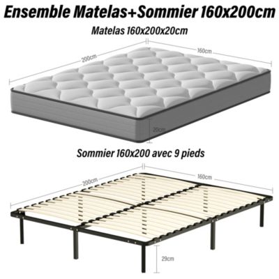 Ensemble Matelas à ressorts +Sommier à Lattes sur Pieds, 160x200cm, Epaisseur du Matelas 20cm