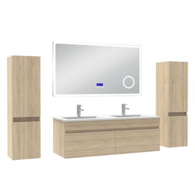 Ensemble meuble 120 cm, lavabo céramique simple + 2 colonnes + Miroir Bluetooth avec 3 couleurs dimmable, Chêne Wotan , suspendu