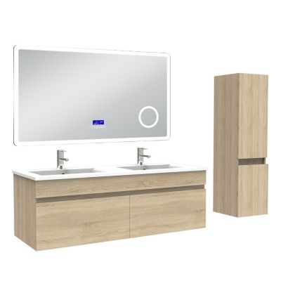 Ensemble meuble 120 cm, lavabo céramique simple + colonne + Miroir Bluetooth avec 3 couleurs dimmable, Chêne Wotan , suspendu