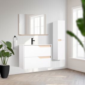 Ensemble meuble 2 tiroirs l.80 cm + plan vasque + miroir, blanc mat et bois, Tolima