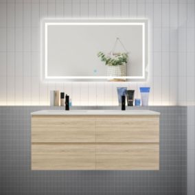 Ensemble meuble 2 vasque L.120cm 4 tiroirs + lavabo + LED miroir,chêne