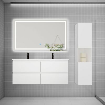 Ensemble meuble 2 vasque L.120cm 4 tiroirs + lavabo + LED miroir + colonne,blanc,design