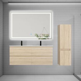 Ensemble meuble 2 vasque L.120cm 4 tiroirs + lavabo + LED miroir + colonne,chêne 1