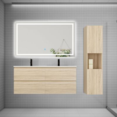 Ensemble meuble 2 vasque L.120cm 4 tiroirs + lavabo + LED miroir + colonne,chêne design
