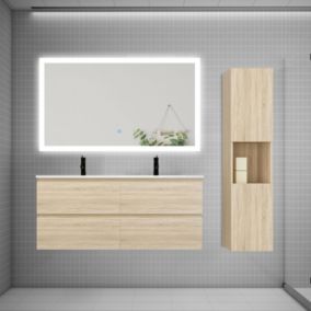 Ensemble meuble 2 vasque L.120cm 4 tiroirs + lavabo + LED miroir + colonne,chêne easy
