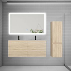 Ensemble meuble 2 vasque L.120cm 4 tiroirs + lavabo + LED miroir + colonne,chêne mat