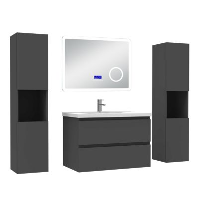 Ensemble meuble 80 cm anthracite avec 2 tiroirs, lavabo céramique + Miroir Bluetooth tricolore + 2 colonnes hautes, suspendu