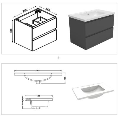 Ensemble meuble 80 cm anthracite avec 2 tiroirs, lavabo céramique + Miroir Bluetooth tricolore + 2 colonnes hautes, suspendu