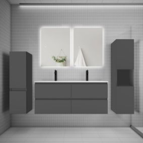 Ensemble meuble anthracite et lavabo L.120cm 4 tiroirs + colonne x2 haut + lavabo + miroir 80x60cm x2-suspendu