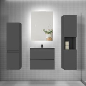 Ensemble meuble anthracite et lavabo L.60cm 2 tiroirs + colonne x2 haut + lavabo + miroir 80x60cm-suspendu