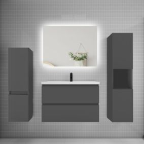 Ensemble meuble anthracite et lavabo L.80cm 2 tiroirs + colonne x2 haut + lavabo + miroir 80x60cm-suspendu