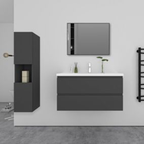 Ensemble meuble Anthracite et vasque L.100cm 2 tiroirs + colonne haut + lavabo + miroir 80x60cm