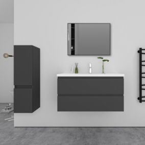 Ensemble meuble Anthracite et vasque L.100cm 2 tiroirs + colonne haut + lavabo + miroir