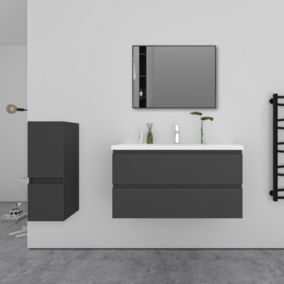 Ensemble meuble Anthracite et vasque L.100cm 2 tiroirs + colonne + lavabo + miroir