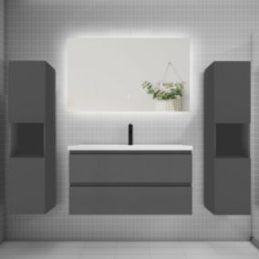 Ensemble meuble anthracite et vasque L.100cm 2 tiroirs + colonne x2 haut + lavabo + miroir 80x60cm-suspendu