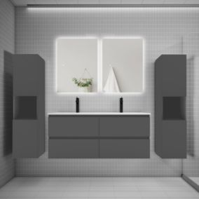 Ensemble meuble anthracite et vasque L.120cm 4 tiroirs + colonne x2 haut + lavabo + miroir 80x60cm x2-suspendu