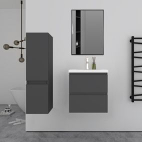 Ensemble meuble Anthracite et vasque L.50cm 2 tiroirs + colonne haut + lavabo + miroir