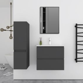 Ensemble meuble Anthracite et vasque L.60cm 2 tiroirs + colonne haut + lavabo + miroir