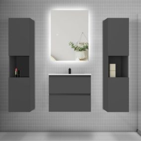 Ensemble meuble anthracite et vasque L.60cm 2 tiroirs + colonne x2 haut + lavabo + miroir 80x60cm-suspendu